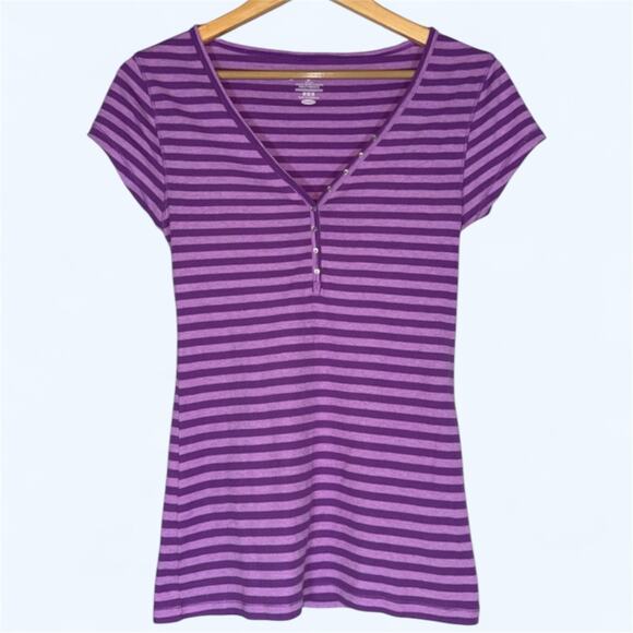 Y2K Old Navy Striped Purple Striped V Neck Henley Long Fit Tee Medium Bella Swan - Picture 1 of 5